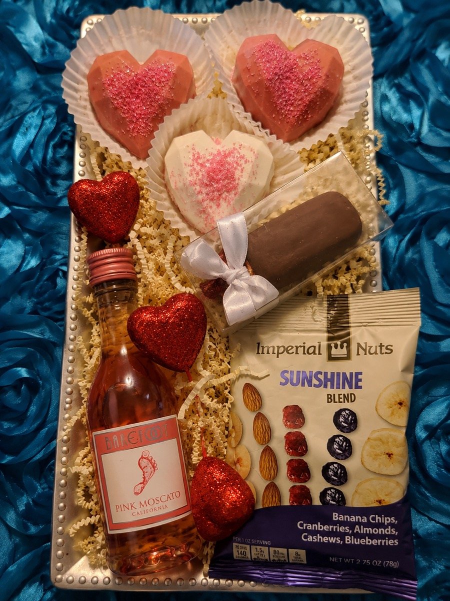 Valentine's gift tray with treats and wine